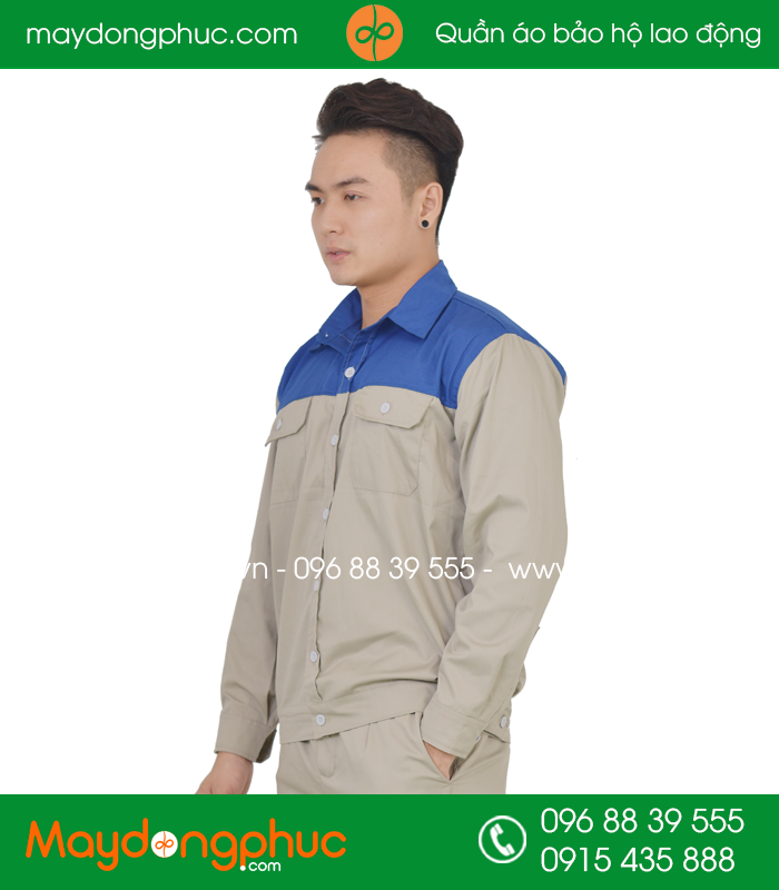 Quần áo công nhân may sẵn màu ghi phối xanh